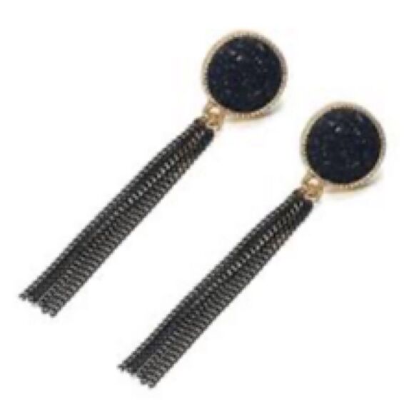💎63💎 Modern Black Druzy with Long Black Chain Tassel Stud Earrings … - Picture 12 of 16